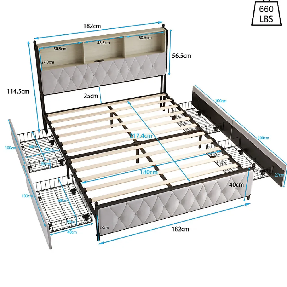 Lit adulte rembourré avec LED et USB, 4 tiroirs, sommier à lattes, velours, 180x200cm, Beige>Simple Life Hot