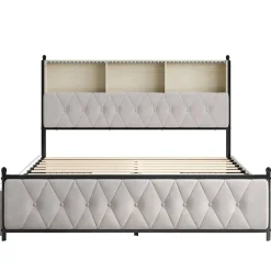 Lit adulte rembourré avec LED et USB, 4 tiroirs, sommier à lattes, velours, 180x200cm, Beige><noscript><img width=