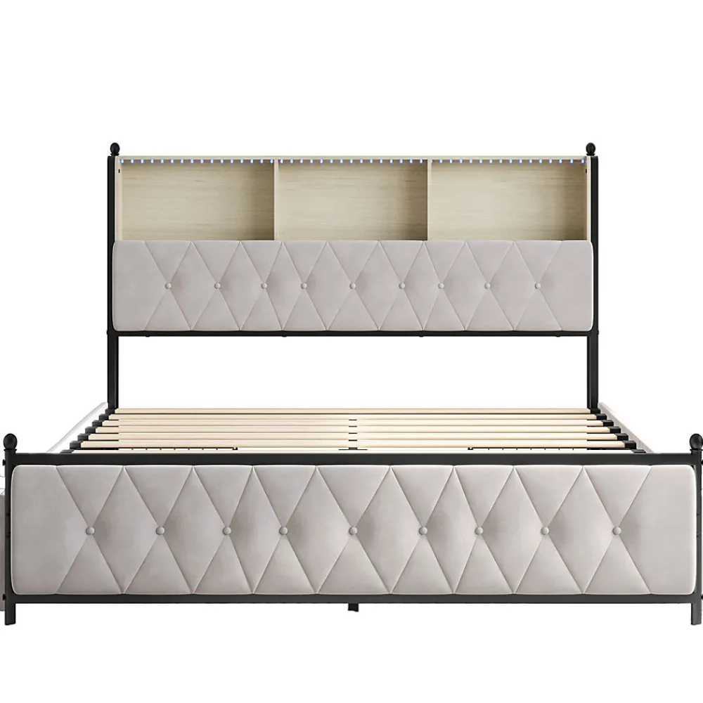 Lit adulte rembourré avec LED et USB, 4 tiroirs, sommier à lattes, velours, 180x200cm, Beige>Simple Life Hot