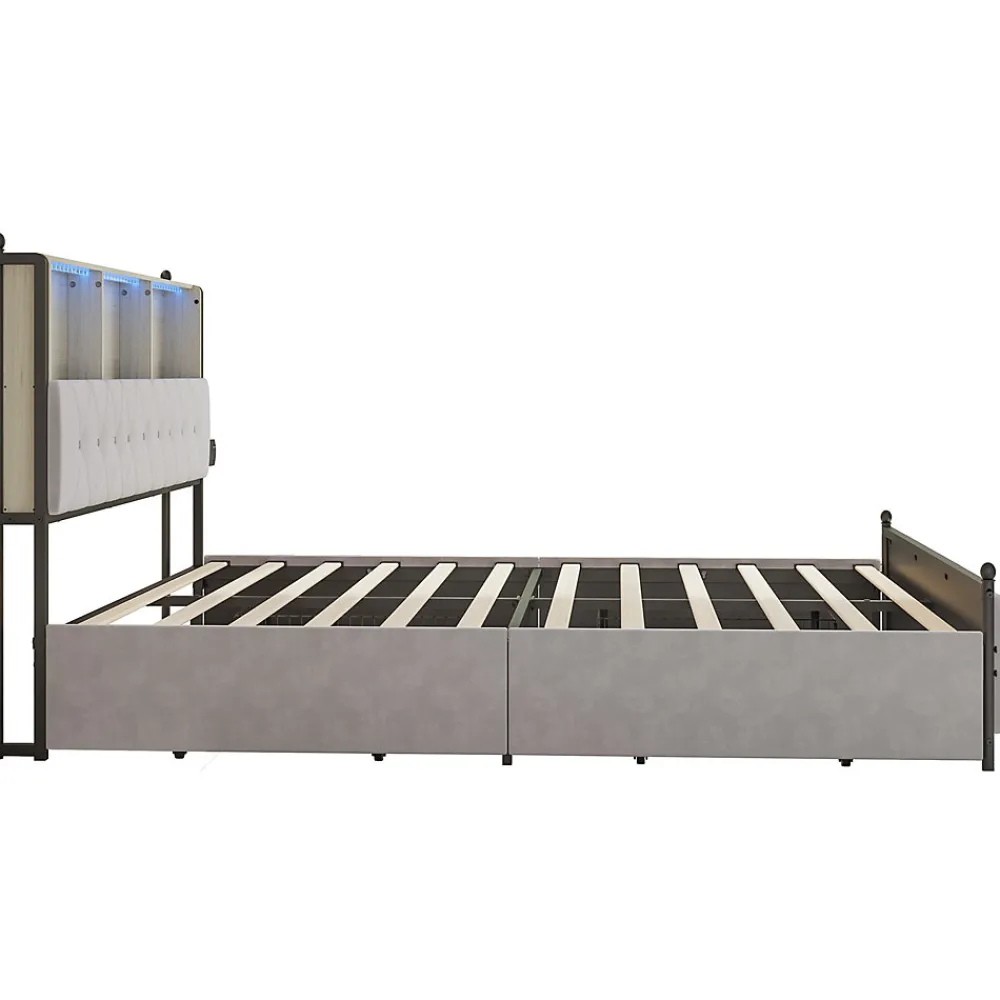 Lit adulte rembourré avec LED et USB, 4 tiroirs, sommier à lattes, velours, 180x200cm, Beige>Simple Life Hot