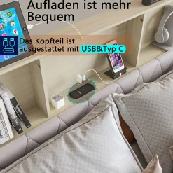 Lit adulte rembourré avec LED et USB, 4 tiroirs, sommier à lattes, velours, 180x200cm, Beige><noscript><img width=