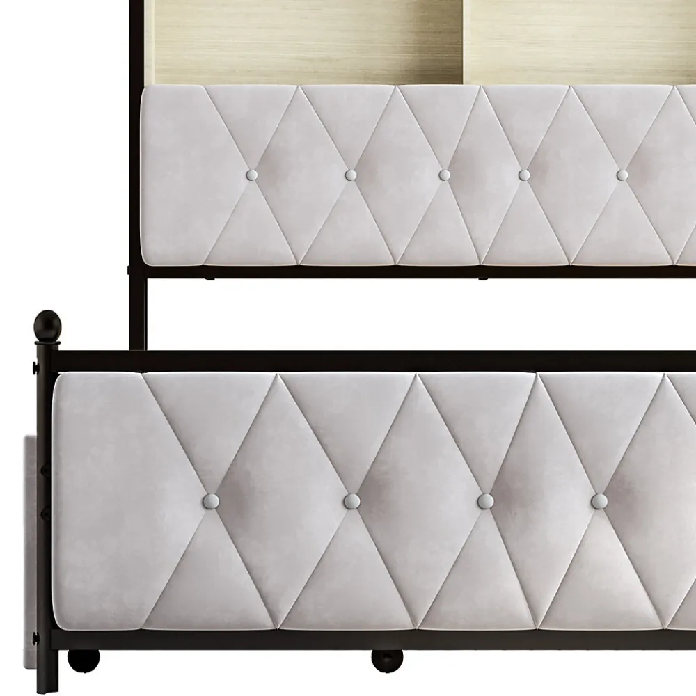 Lit adulte rembourré avec LED et USB, 4 tiroirs, sommier à lattes, velours, 180x200cm, Beige>Simple Life Hot