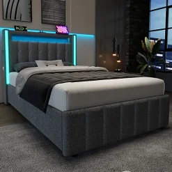 ModernLuxe Lit adulte rembourré 90x200 cm en lin - 2 tiroirs - avec fonction de charge et éclairage LED - Gris* Lit Avec Rangement
