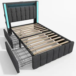 ModernLuxe Lit adulte rembourré 90x200 cm en lin - 2 tiroirs - avec fonction de charge et éclairage LED - Gris* Lit Avec Rangement