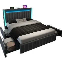 Lit adulte rembourré 140x200 cm en lin - 2 tiroirs - avec fonction de charge et éclairage LED - Gris><noscript><img width=