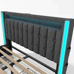 Lit adulte rembourré 140x200 cm en lin - 2 tiroirs - avec fonction de charge et éclairage LED - Gris><noscript><img width=
