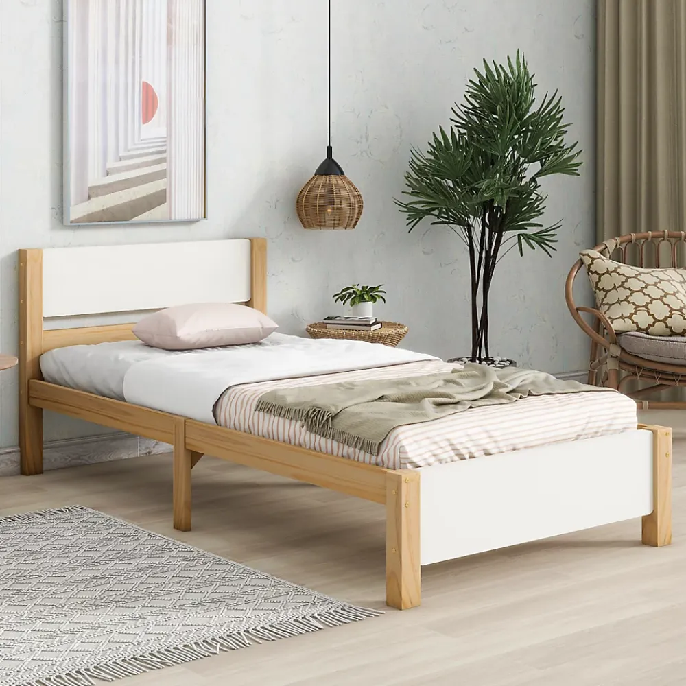 ProximaX Lit adulte simple en bois - cadre en pin avec tête de lit et sommier à lattes lit en MDF blanc + naturel - 90x200 cm* Lit Simple
