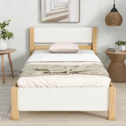 ProximaX Lit adulte simple en bois - cadre en pin avec tête de lit et sommier à lattes lit en MDF blanc + naturel - 90x200 cm* Lit Simple