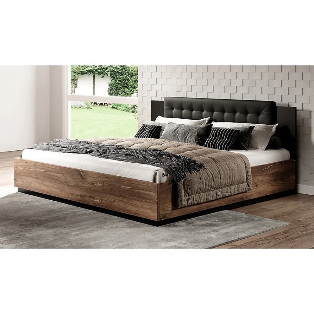 Lit adulte 140x200 Chene foncé et noir Collection FOX Sommier inclus>Meublorama New