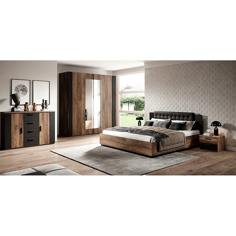 Lit adulte 140x200 Chene foncé et noir Collection FOX Sommier inclus>Meublorama New