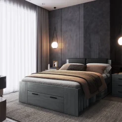 Lit adulte 140x200 avec sommier et tiroirs intégrés - Collection FLOYD. Coloris gris effet bois.>Meublorama Discount