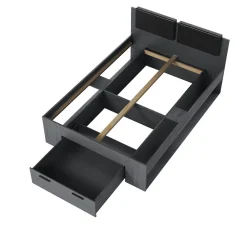 Lit adulte 140x200 avec sommier et tiroirs intégrés - Collection FLOYD. Coloris gris effet bois.><noscript><img width=