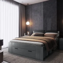 Meublorama Lit adulte 160x200 avec sommier et tiroirs intégrés - Collection FLOYD. Coloris gris effet bois.* Lit Avec Rangement