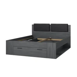 Meublorama Lit adulte 160x200 avec sommier et tiroirs intégrés - Collection FLOYD. Coloris gris effet bois.* Lit Avec Rangement