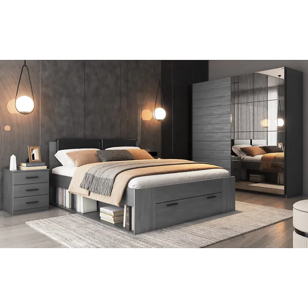 Meublorama Lit adulte 160x200 avec sommier et tiroirs intégrés - Collection FLOYD. Coloris gris effet bois.* Lit Avec Rangement