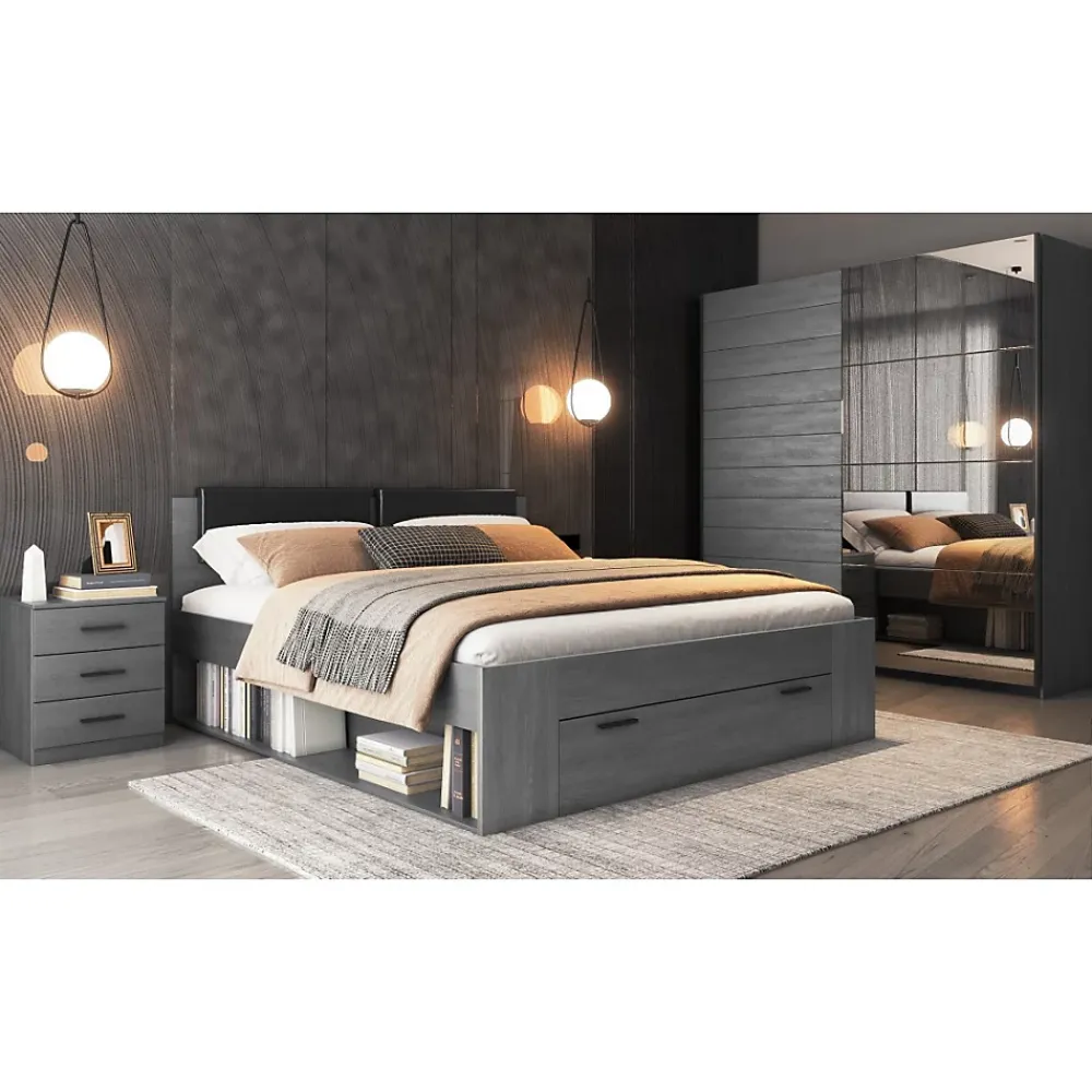 Meublorama Lit adulte 180x200 avec sommier et tiroirs intégrés - Collection FLOYD. Coloris gris effet bois.* Lit Avec Rangement
