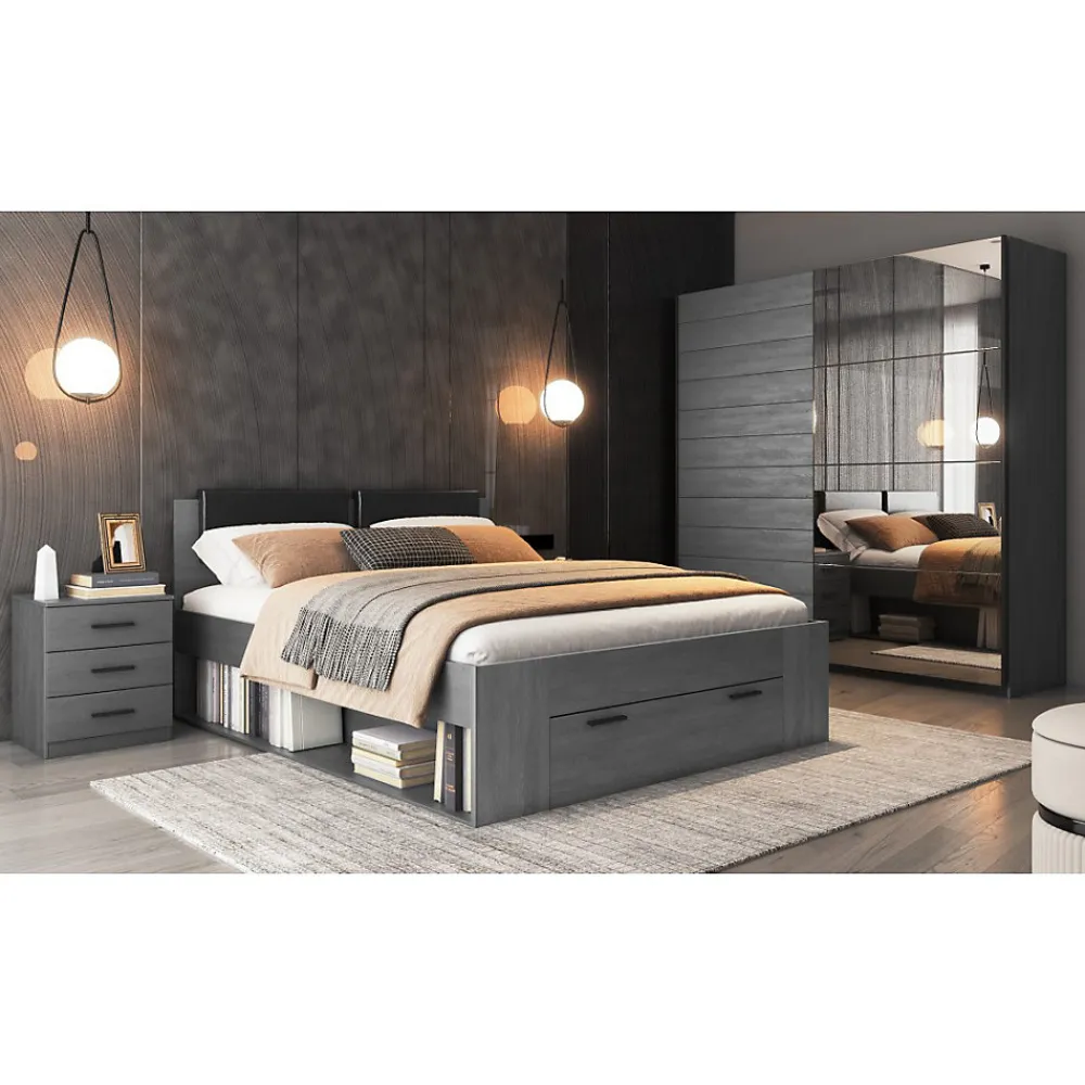 Lit adulte 140x200 avec tiroirs intégrés - Collection FLOYD. Coloris gris effet bois>Meublorama Discount