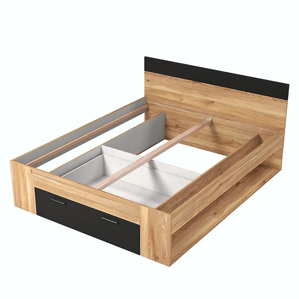 Lit adulte 160x200 avec tiroirs intégrés - Collection EOS. Coloris chene clair et noir.>Meublorama