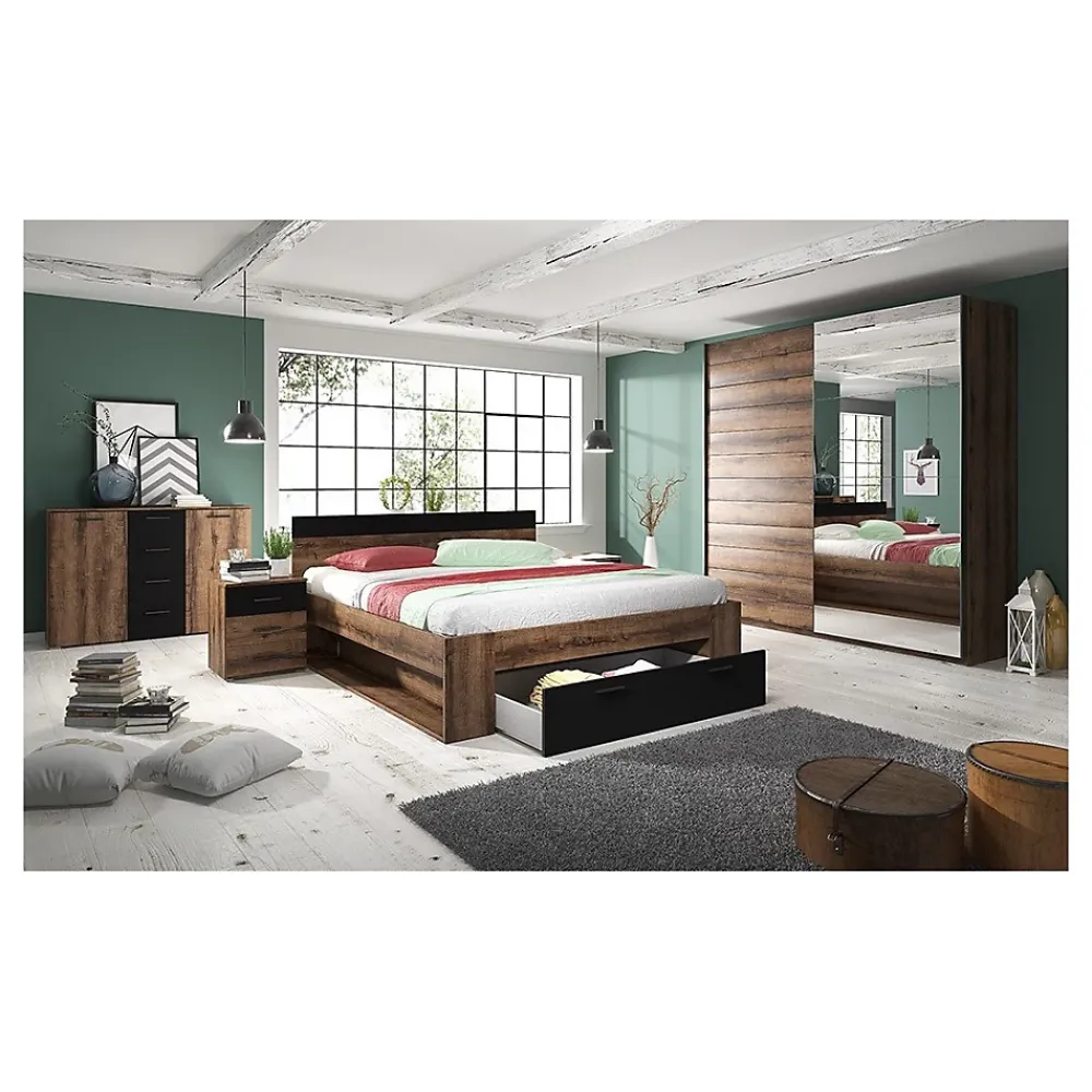 Meublorama Lit adulte 160x200 avec tiroirs intégrés - Collection EOS. Coloris chene foncé et noir* Lit Avec Rangement