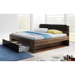 Lit adulte 140x200 avec tiroirs intégrés - Collection FLOYD. Coloris chene foncé et noir><noscript><img width=