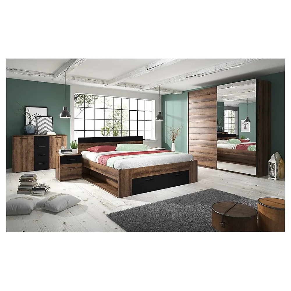 Lit adulte 180x200 avec tiroirs intégrés - Collection EOS. Coloris chene foncé et noir>Meublorama Hot
