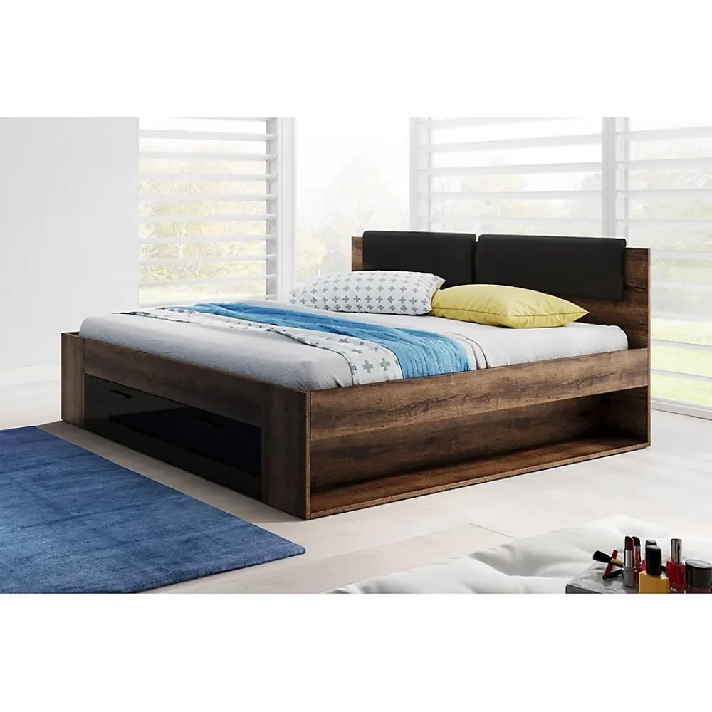 Meublorama Lit adulte 180x200 avec tiroirs intégrés - Collection FLOYD. Coloris chene foncé et noir* Lit Avec Rangement