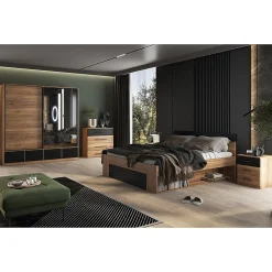 Meublorama Lit adulte 160x200 avec tiroirs intégrés, sommier inclus, collection EOS, chene clair et noir* Lit Avec Rangement