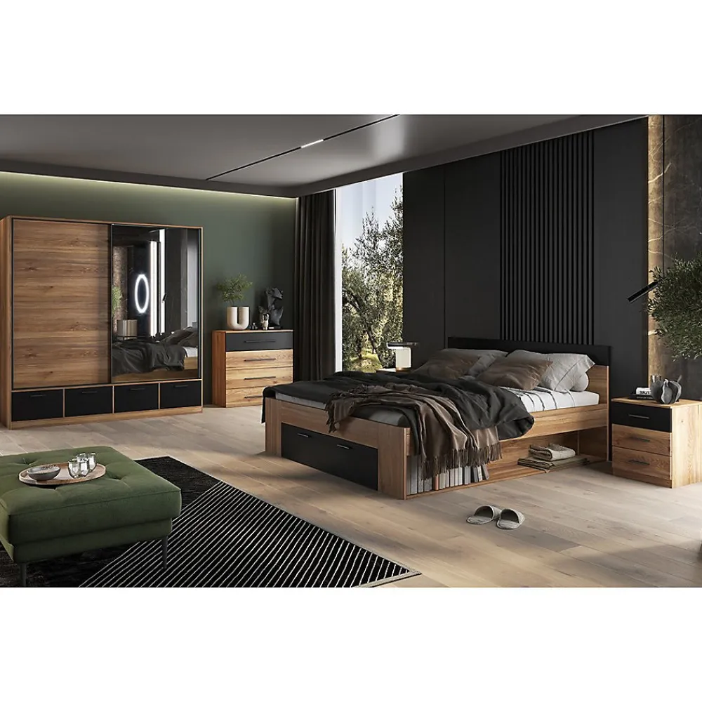 Meublorama Lit adulte 180x200 avec tiroirs intégrés - Collection EOS. Coloris chene clair et noir.* Lit Avec Rangement