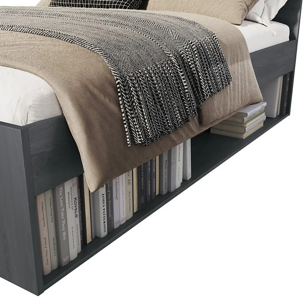 Lit adulte 160x200 avec tiroirs intégrés - Collection FLOYD. Coloris gris effet bois>Meublorama