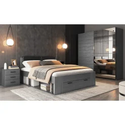 Lit adulte 160x200 avec tiroirs intégrés - Collection FLOYD. Coloris gris effet bois><noscript><img width=