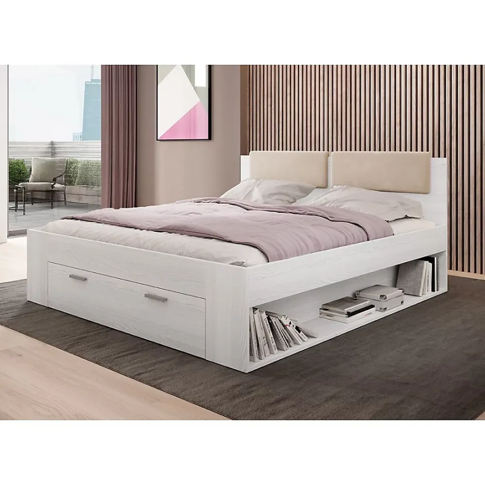 Meublorama Lit adulte 180x200 avec tiroirs intégrés - Collection FLOYD. Coloris blanc effet bois.* Lit Avec Rangement