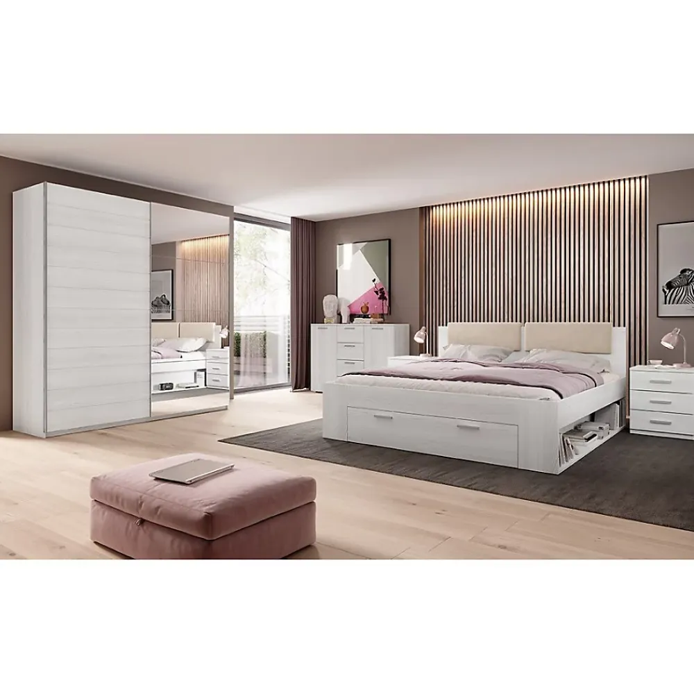 Meublorama Lit adulte 180x200 avec tiroirs intégrés - Collection FLOYD. Coloris blanc effet bois.* Lit Avec Rangement