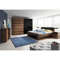 Meublorama Lit adulte 160x200 avec tiroirs intégrés - Collection FLOYD. Coloris chene foncé et noir* Lit Avec Rangement