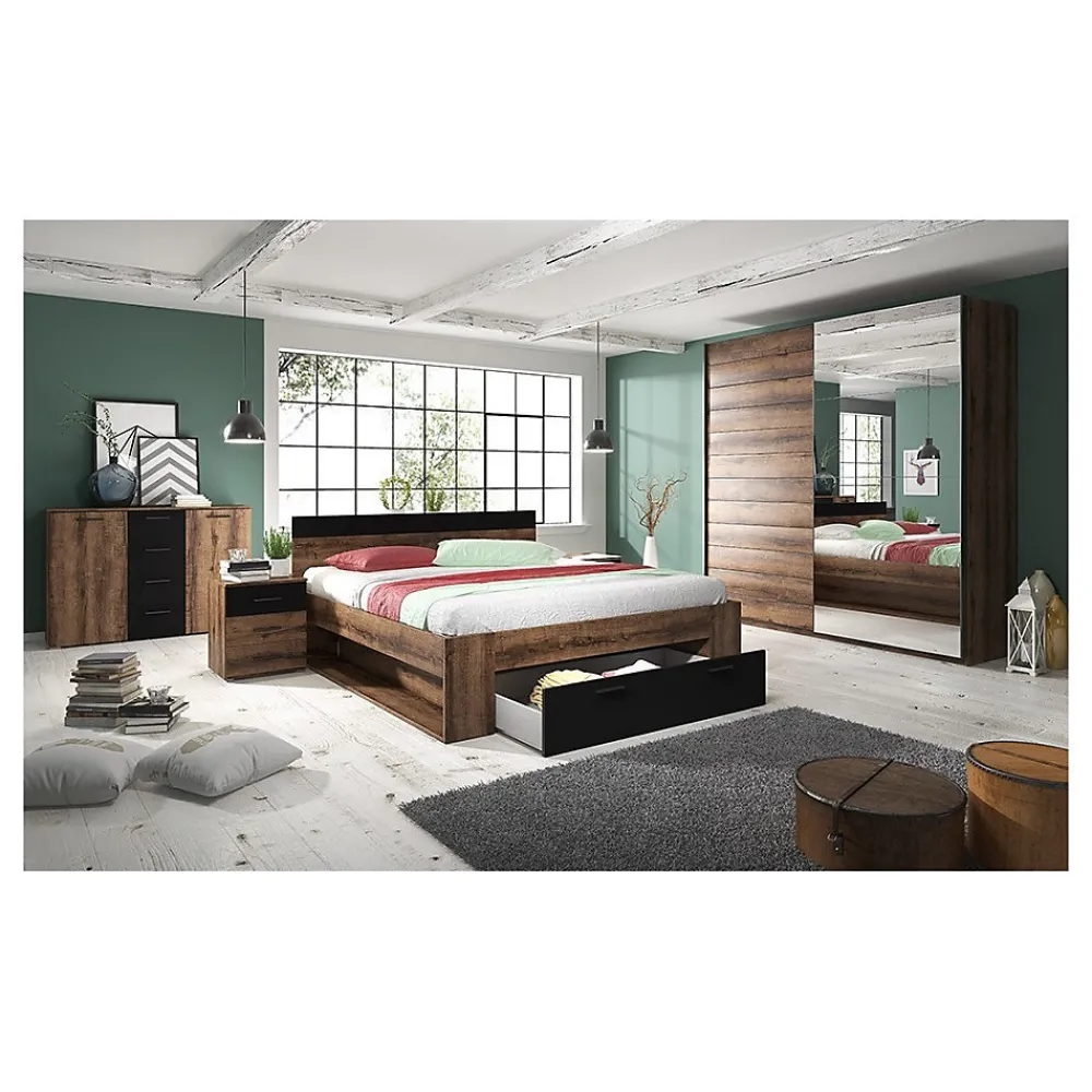 Lit adulte 160x200 avec tiroirs intégrés - Collection EOS. Coloris chene foncé et noir>Meublorama Online