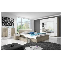 Lit adulte 180x200 avec tiroirs intégrés - Collection EOS. Coloris chene clair et blanc>Meublorama Outlet