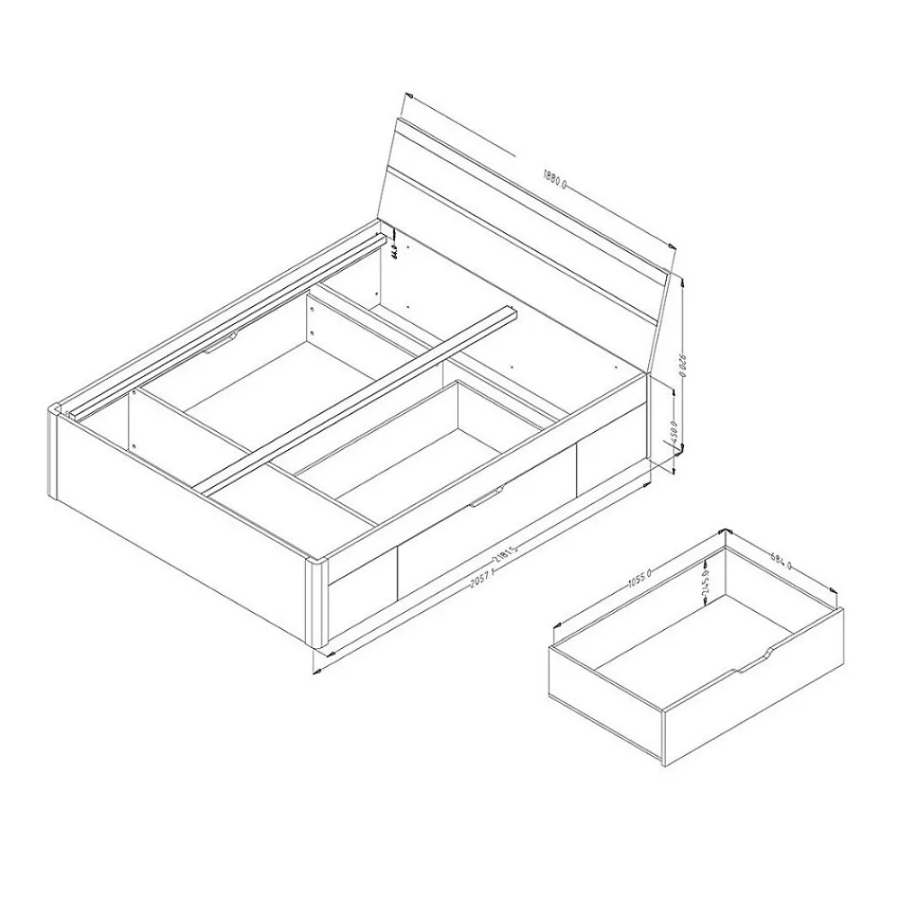 Lit adulte 180x200 avec tiroirs intégrés - Collection EOS. Coloris chene clair et blanc>Meublorama Outlet