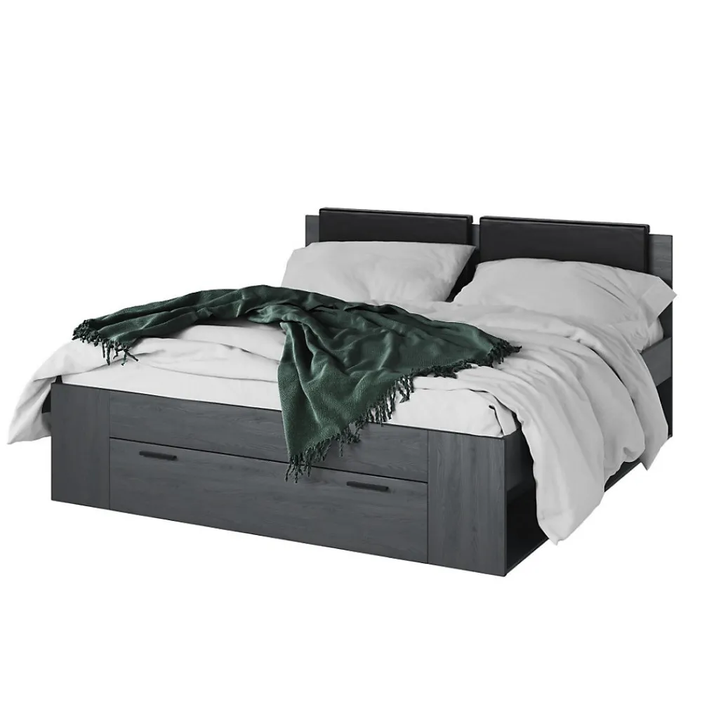 Lit adulte 180x200 avec tiroirs intégrés - Collection FLOYD, Coloris gris effet bois>Meublorama