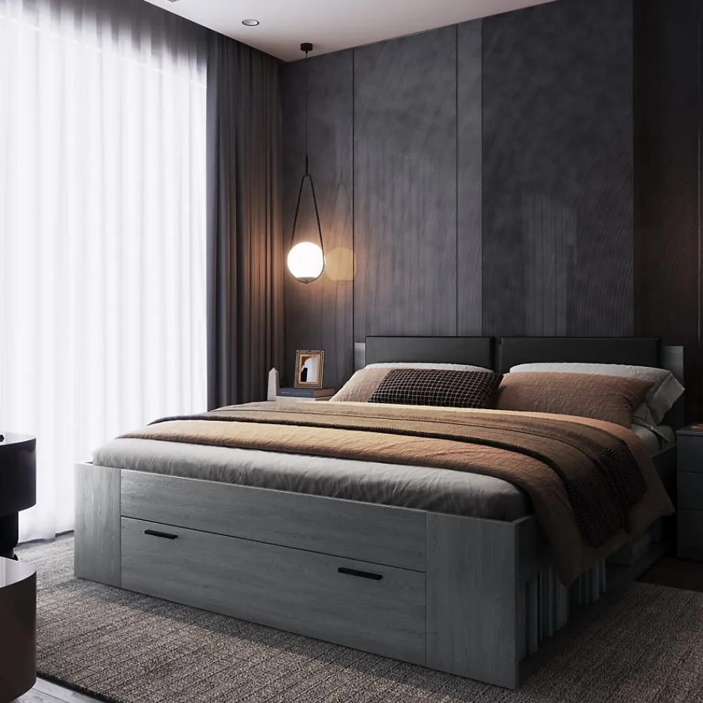 Lit adulte 180x200 avec tiroirs intégrés - Collection FLOYD, Coloris gris effet bois>Meublorama