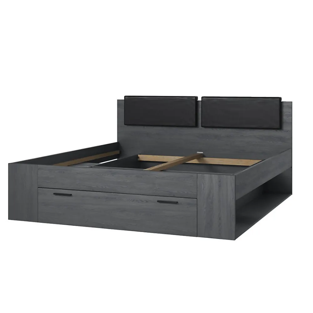 Lit adulte 180x200 avec tiroirs intégrés - Collection FLOYD, Coloris gris effet bois>Meublorama