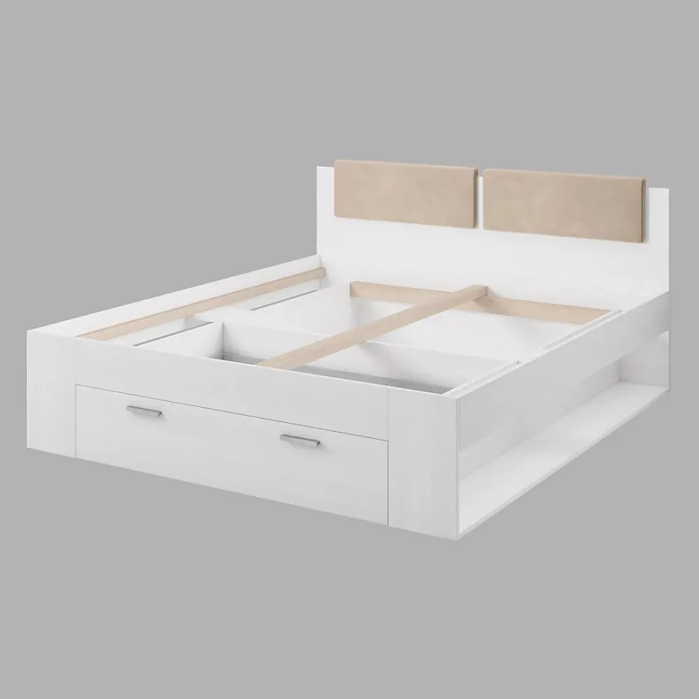 Meublorama Lit adulte 180x200 avec tiroirs intégrés - Collection FLOYD, Coloris blanc effet bois* Lit Avec Rangement