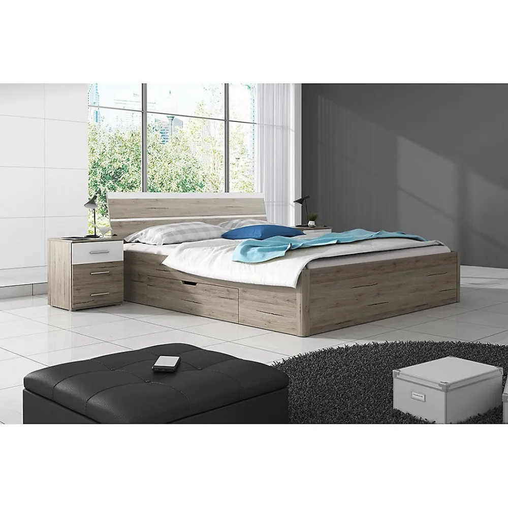 Meublorama Lit adulte 180x200 avec tiroirs intégrés - Collection EOS. Coloris chene clair et blanc* Lit Avec Rangement