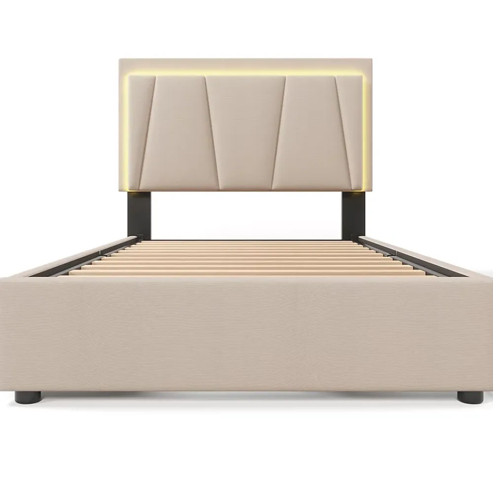 Generique Lit Adulte 90x200 cm avec LED et Tiroirs - Lit Capitonné avec Tête Réglable et Rangement - en Lin Beige, Sans Matelas* Lit Simple