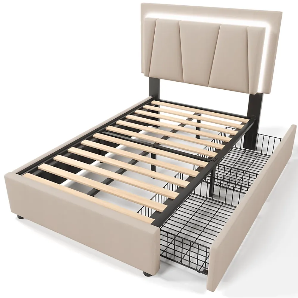 Generique Lit Adulte 90x200 cm avec LED et Tiroirs - Lit Capitonné avec Tête Réglable et Rangement - en Lin Beige, Sans Matelas* Lit Simple