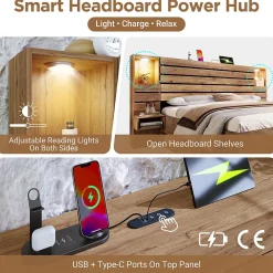 ModernLuxe Lit adulte 180x200 cm en bois + MDF - avec table de chevet suspendue - LED + prises chargement - Naturel (sans matelas)* Lit Avec Rangement