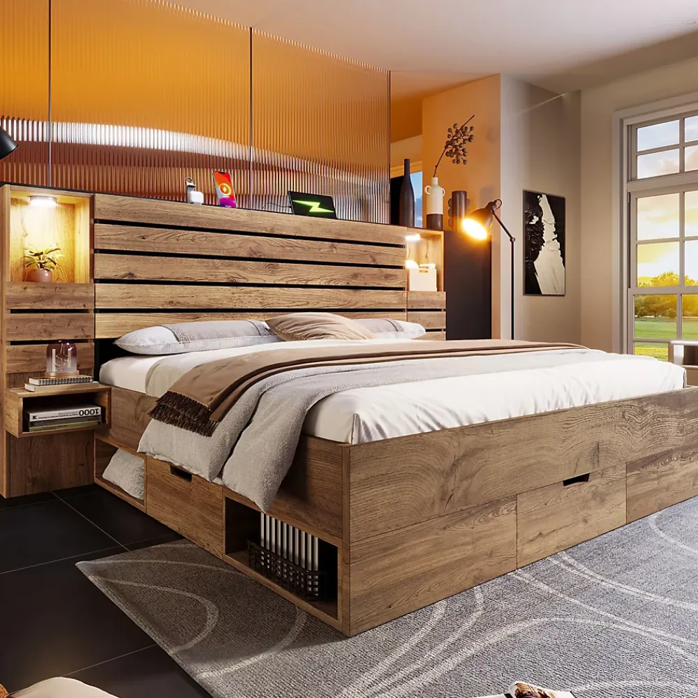 ModernLuxe Lit adulte 180x200 cm en bois + MDF - avec table de chevet suspendue - LED + prises chargement - Naturel (sans matelas)* Lit Avec Rangement