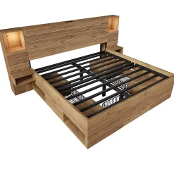 ModernLuxe Lit adulte 180x200 cm en bois + MDF - avec table de chevet suspendue - LED + prises chargement - Naturel (sans matelas)* Lit Avec Rangement