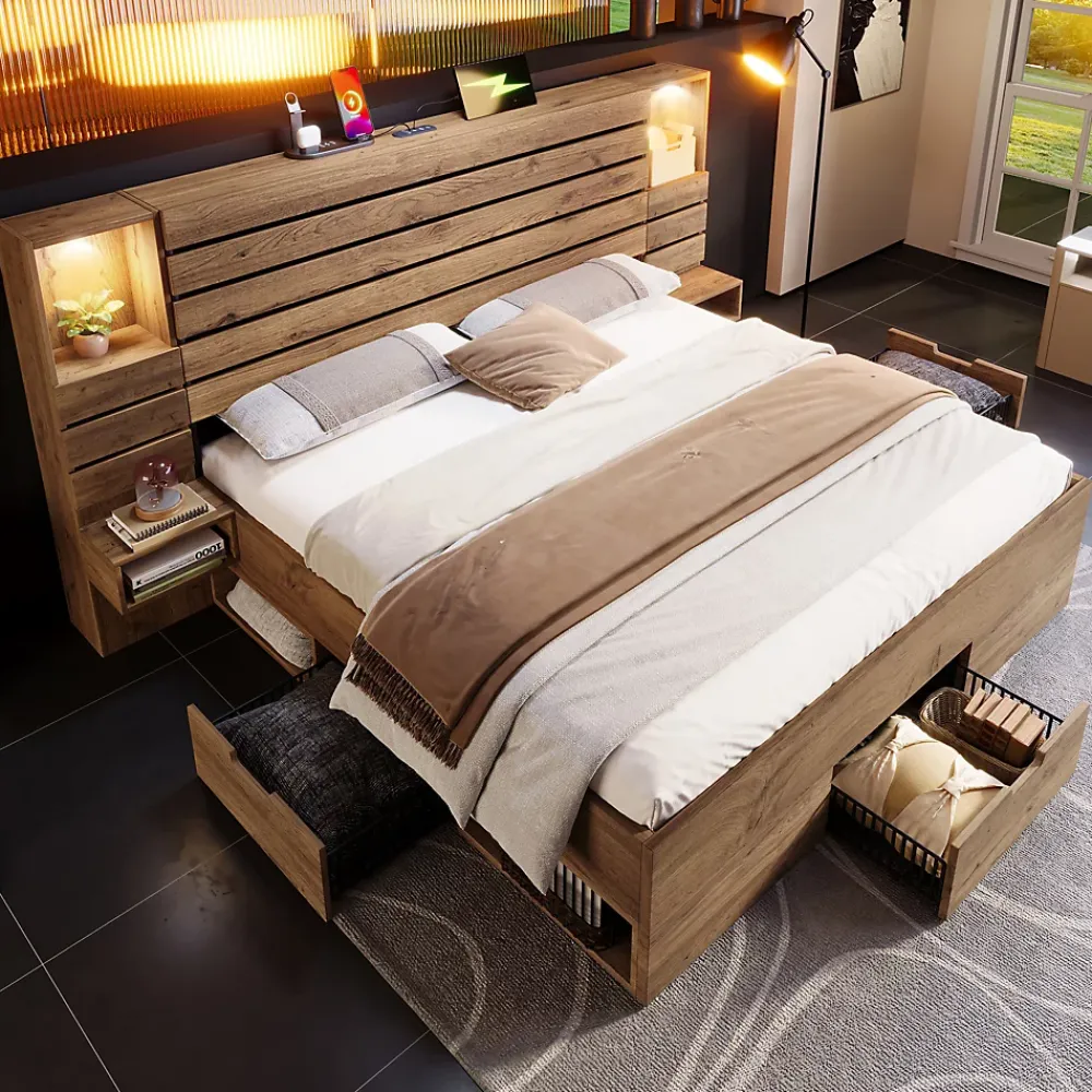 ModernLuxe Lit adulte 180x200 cm en bois + MDF - avec table de chevet suspendue - LED + prises chargement - Naturel (sans matelas)* Lit Avec Rangement