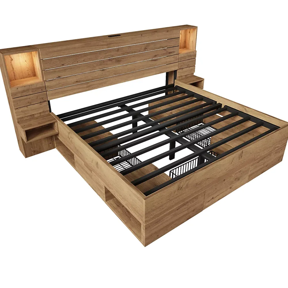 ModernLuxe Lit adulte 160x200 cm en bois+MDF - avec table de chevet suspendue - LED + prises chargement - Naturel (sans matelas)* Lit Avec Rangement