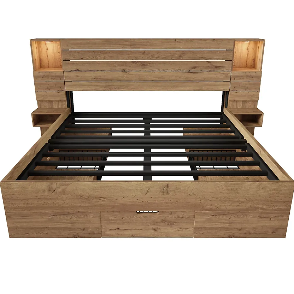 ModernLuxe Lit adulte 160x200 cm en bois+MDF - avec table de chevet suspendue - LED + prises chargement - Naturel (sans matelas)* Lit Avec Rangement
