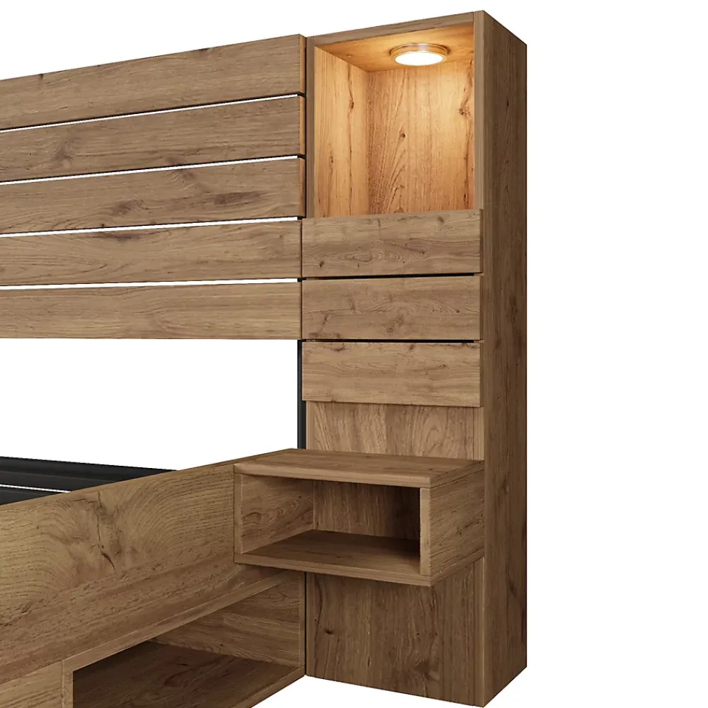 ModernLuxe Lit adulte 160x200 cm en bois+MDF - avec table de chevet suspendue - LED + prises chargement - Naturel (sans matelas)* Lit Avec Rangement